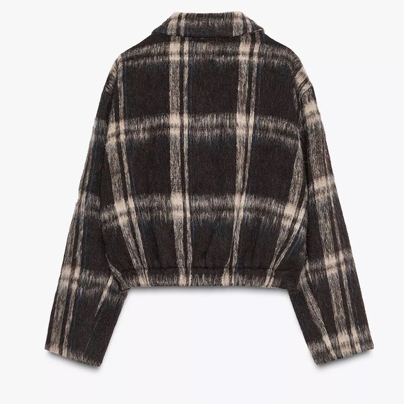 NWT Zara Plaid Jacket Wool Blend Cropped Black White Brown Shacket Women S 6318 - Picture 4 of 13
